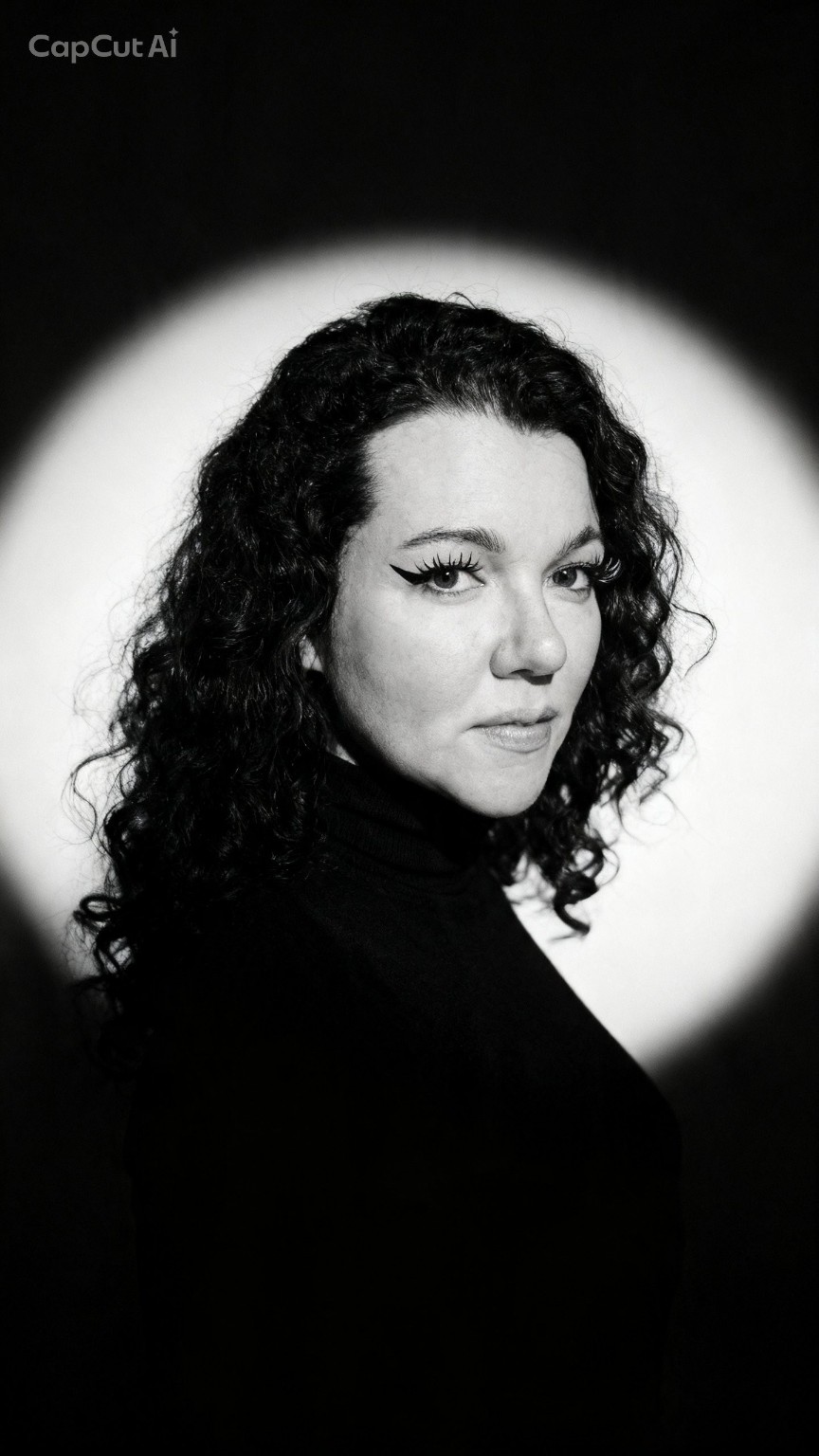 Retrato a preto e branco de Cátia Azevedo, com cabelo encaracolado e luz circular ao fundo